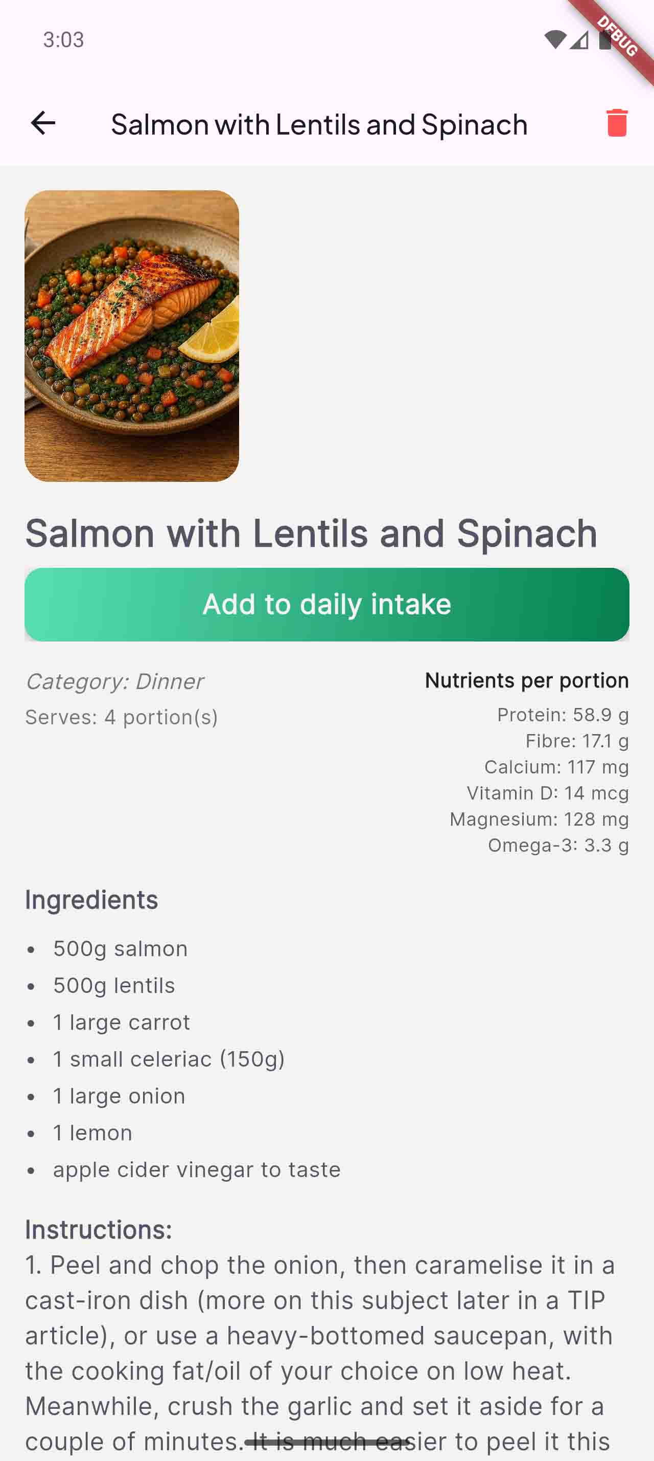 Adding a saved recipe from My Cookbook